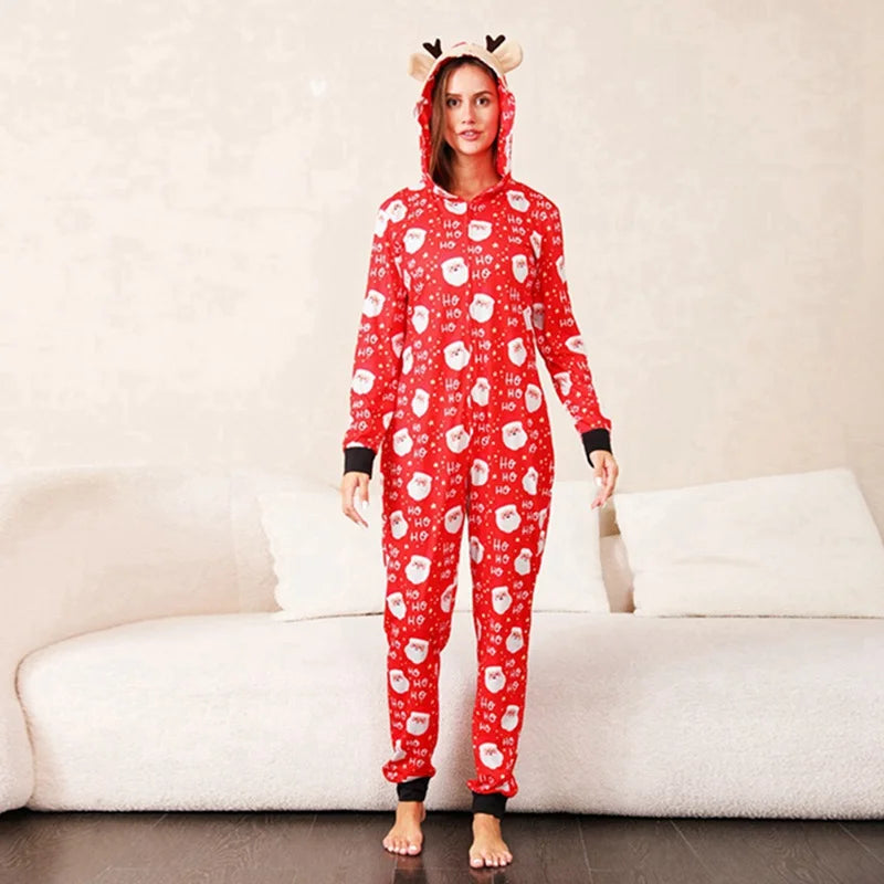 New Christmas Gift for Family Pajamas Cute Deer Ear Hooded Jumpsuit Mother Father Kids Baby Outfit Rompers Xmas Family Look Set