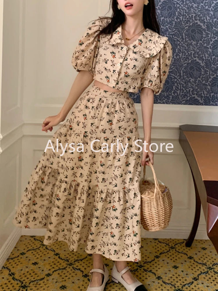 Maxy Vintage Floral Two Piece Set Women Elegant Cropped Top Slim A-line Long Skirt Sets Female Casual Sweet Printing Party Skirt Set