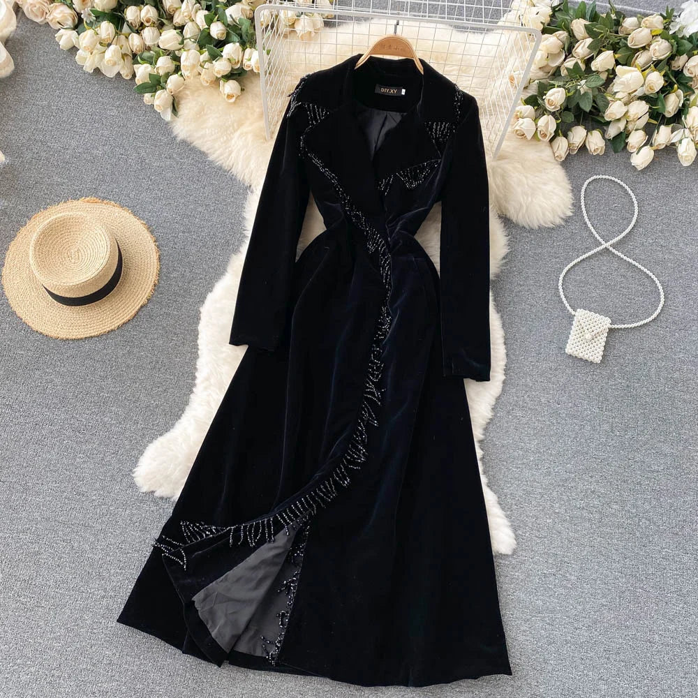Maxy Autumn Winter Women Black Velvet Dress Vintage Bling Tassel Notched Collar Suit Coat Trench Party Dress