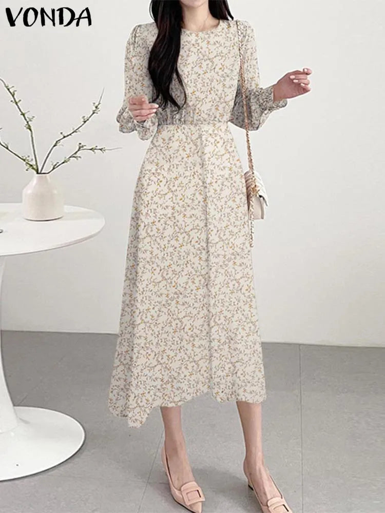 VONDA 2024 Summer Bohemian Dress Women Vintage Printed Midi Sundress Round Neck Long Sleeve Zipper Casual Party Robe Vestidos