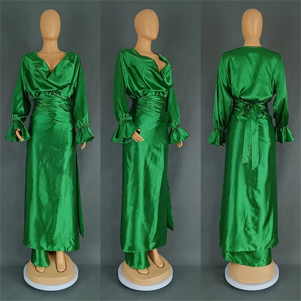 Maxy Elegant Women Summer Dress 2 Piece Set Shiny Satin Pile Collar Long Sleeve Tops and Wrap Midi Skirt Suit Party Church Clothes