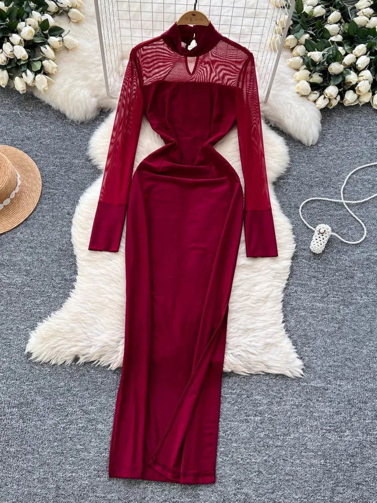 Amay Fashion Stand Collar Dress Women's Long Sleeves Hollow Out Gathered Waist Mesh Spliced Slim Dresses Autumn New 27X1903