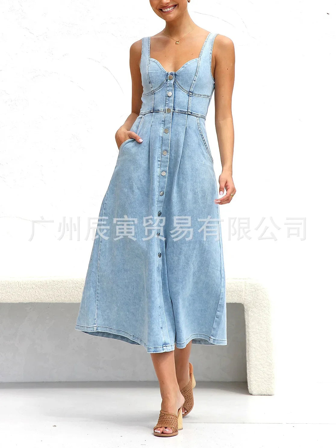 Maxy Women Denim Dresses Long Dress Sling Sleeveless A Line Casual High Waist Maxy Elegant largos Summer Y2k Streetwear