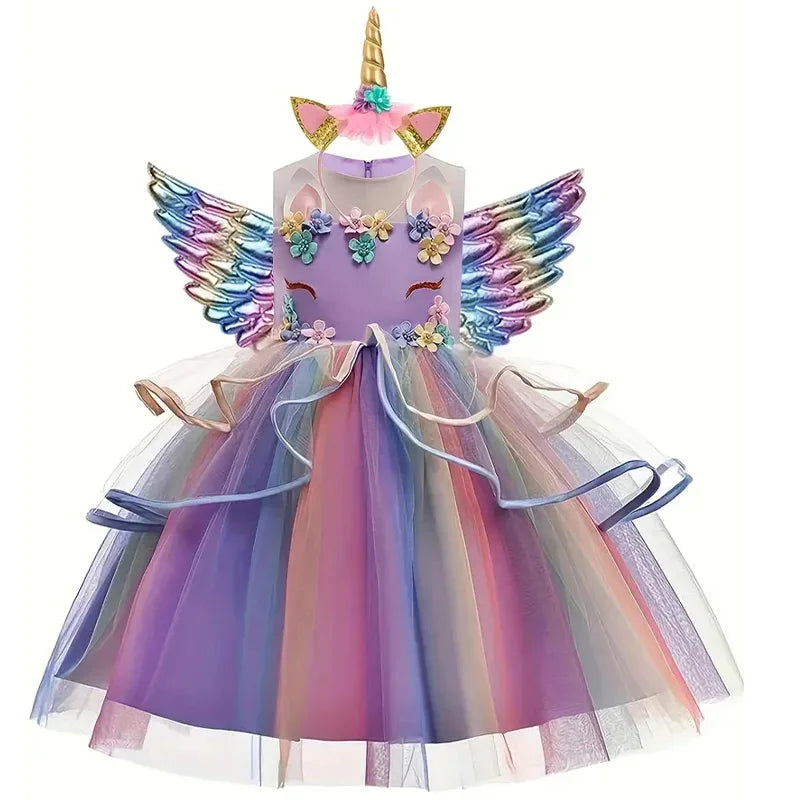 Maxy Children's Unicorn Princess Dress For Birthday Girls Party Dresses Elegant Rainbow Evening Dress Festive Performance Costume
