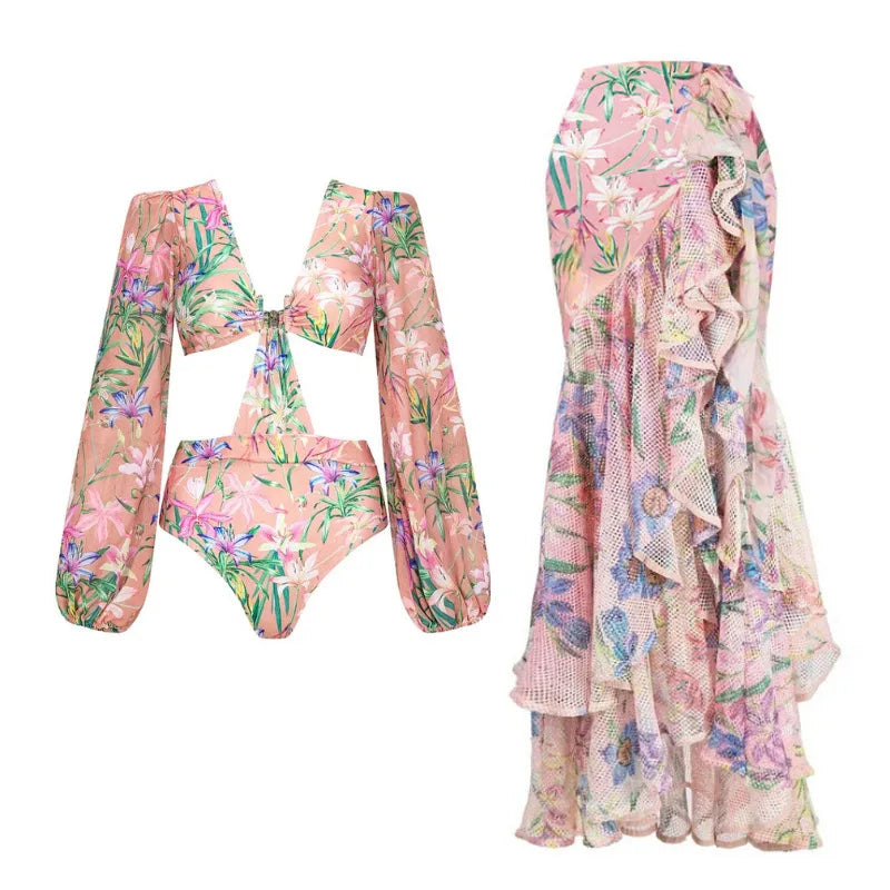 Maxy Women Swimwear Summer Floral Printed V-neck Swimsuit One-piece Bodysuit Bikini Set Beach Style Wear Maxy Dress Skirt Vacation