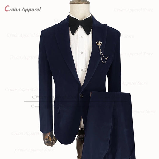 Velvet Navy Blue Suits for Men 2 Pieces Slim Fit Blazer Pants Set Tailor-made Luxury Business Wedding Tuxedos for Groom Best Man