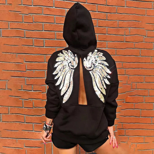 Maxy 2 Piece Sets Women Sequin Wings Pattern Back Slit Long Sleeve Hooded Sweatshirt & Casual Daily Shorts Suit Outfits Spring