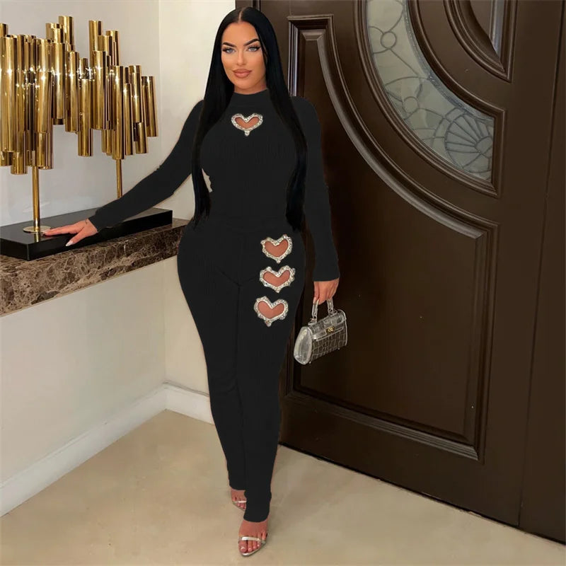 Amay Diamonds Loving Heart Hollow Out 2 Piece Sets Women Outfit Clubwear Knitted Fabric Skinny Top and Pants Suit Matching Sets