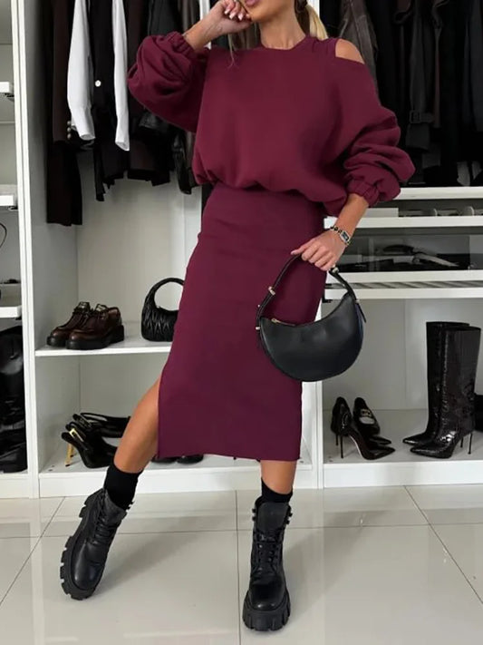 Maxy Elegant Female Solid Sweatshirt and Dress Suit Women Casual Loose Tops Dress Outfit Spring Ladies Round Neck Two Piece Suit