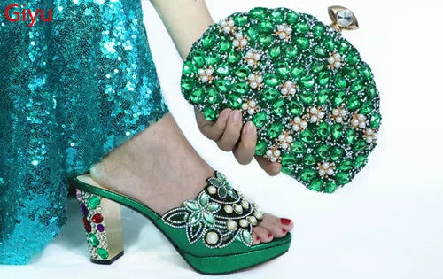 Momsey new Shoes and Bag Set African Sets 2019 blue Color Shoe Bag Set Decorated with Rhinestone High quality shoes