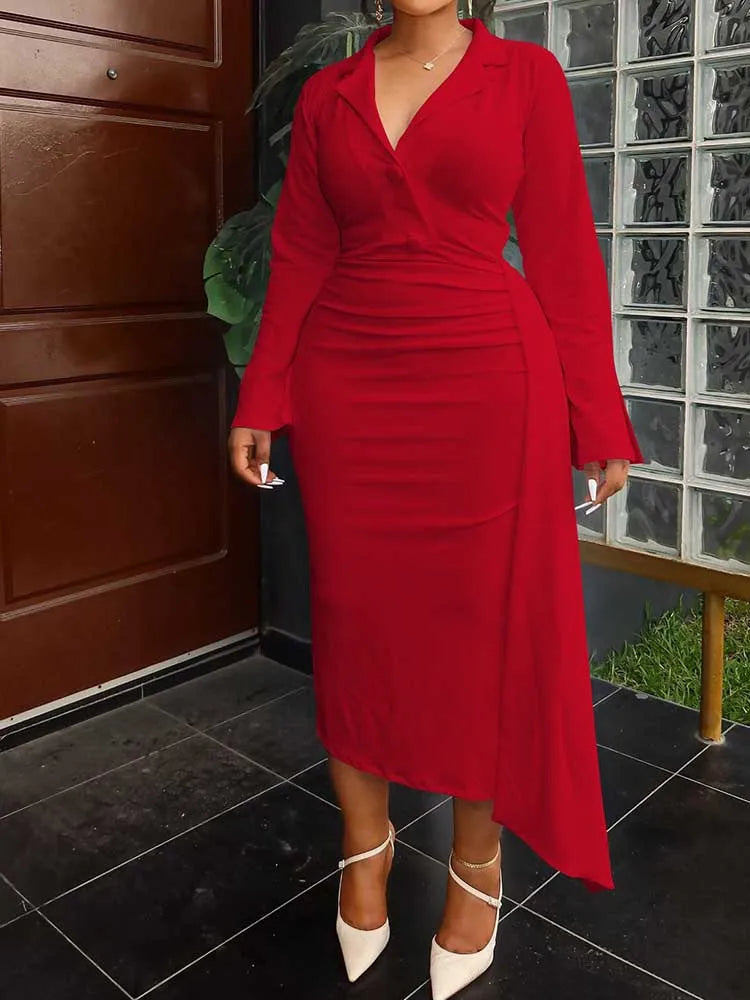 Maxy Plus Size Chubby Dress Curvy Women Solid Color Luxurious Slimming Evening Dresses V Neck Blazer Collar Long Sleeve Elegant Dress