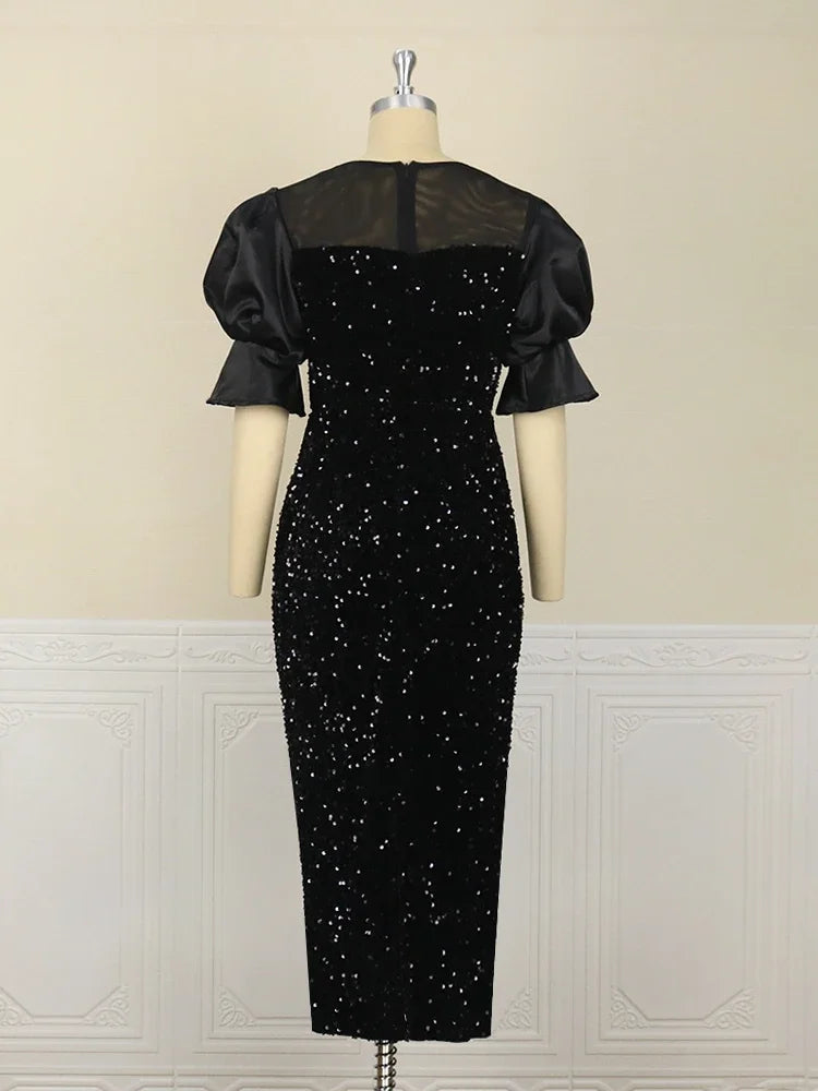 Amay Women Sequined Shiny Black Long Dress Glitter Embroidered Chest Wrapped Puff Sleeve Classy Winter Fall Party Celebrity Gowns New