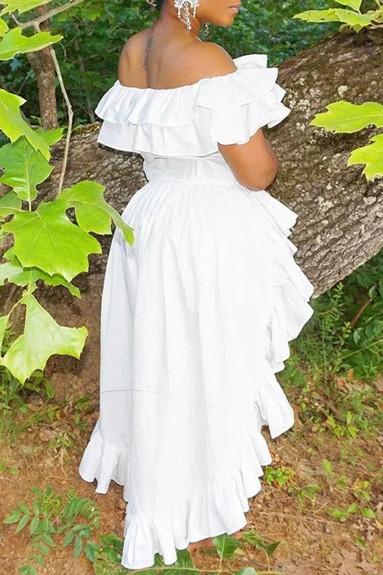 Maxy Plus Size Women's Summer Dress White Ruffle Irregular Off Shoulder High Low Mini Dresses