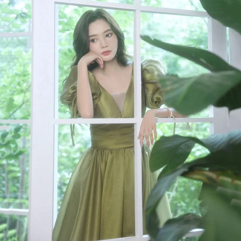 Maxy Summer Banquet Evening Dress Skirt Female Green Black Puff Sleeve Waist Elegant French Court Style Long Dress New Style