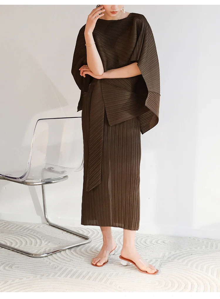 Amay Pleated cape suit summer new fashion suspender skirt+irregular lace-up shawl two-piece set [x244]