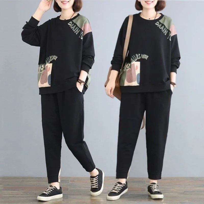 Amay Women's Leisure Sports Suit Summer New Korean Fashion Printing Loose Crop Tops Pants 2 Two Piece Sets for Women Tracksuit