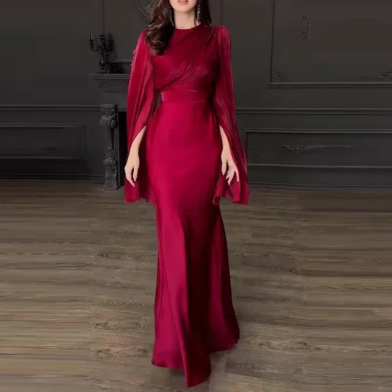 Amay Vintage High Waisted Women Satin Long Dress New Ladies Temperament Crew Collar Dresses Elegant Slim Long Sleeve Banquet Dresses
