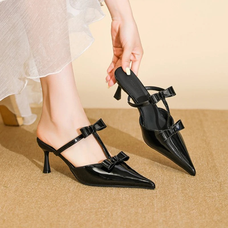 Maxy Elegant Patent Leather Bows Women's Heels Summer Sexy Pointed Toe High Heeled Slippers Fashion Design Sandals Ladies