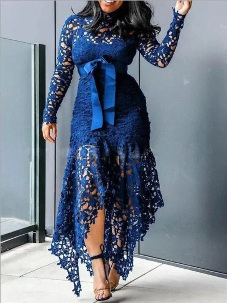 Amay Hollow Out Urban Dance Belly Latin Women Lace Irregular Dress Models Jazz Costume Long Sleeves Kpop Stage Stand Collar Vestidos