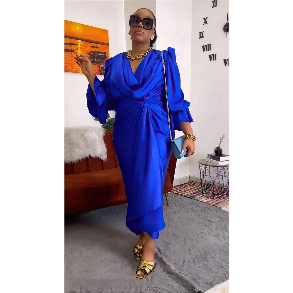 Maxy Elegant Women Summer Dress 2 Piece Set Shiny Satin Pile Collar Long Sleeve Tops and Wrap Midi Skirt Suit Party Church Clothes