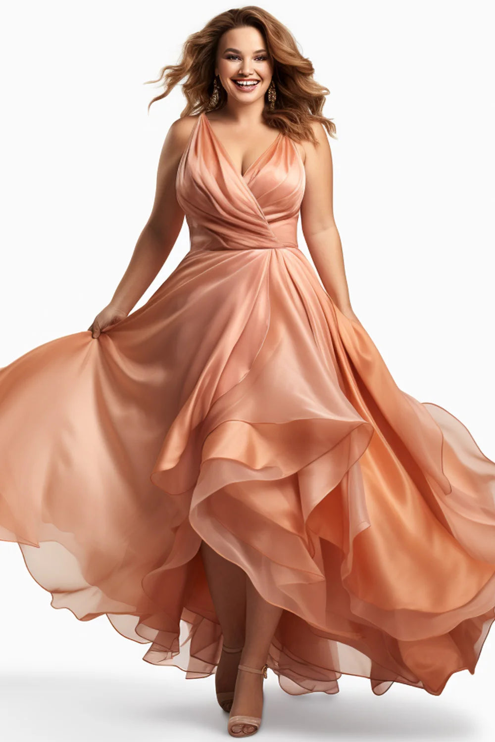 Maxy Fly curvy Plus Size Wedding Guest Orange Organza Wrap Cami Maxy Dress Women
