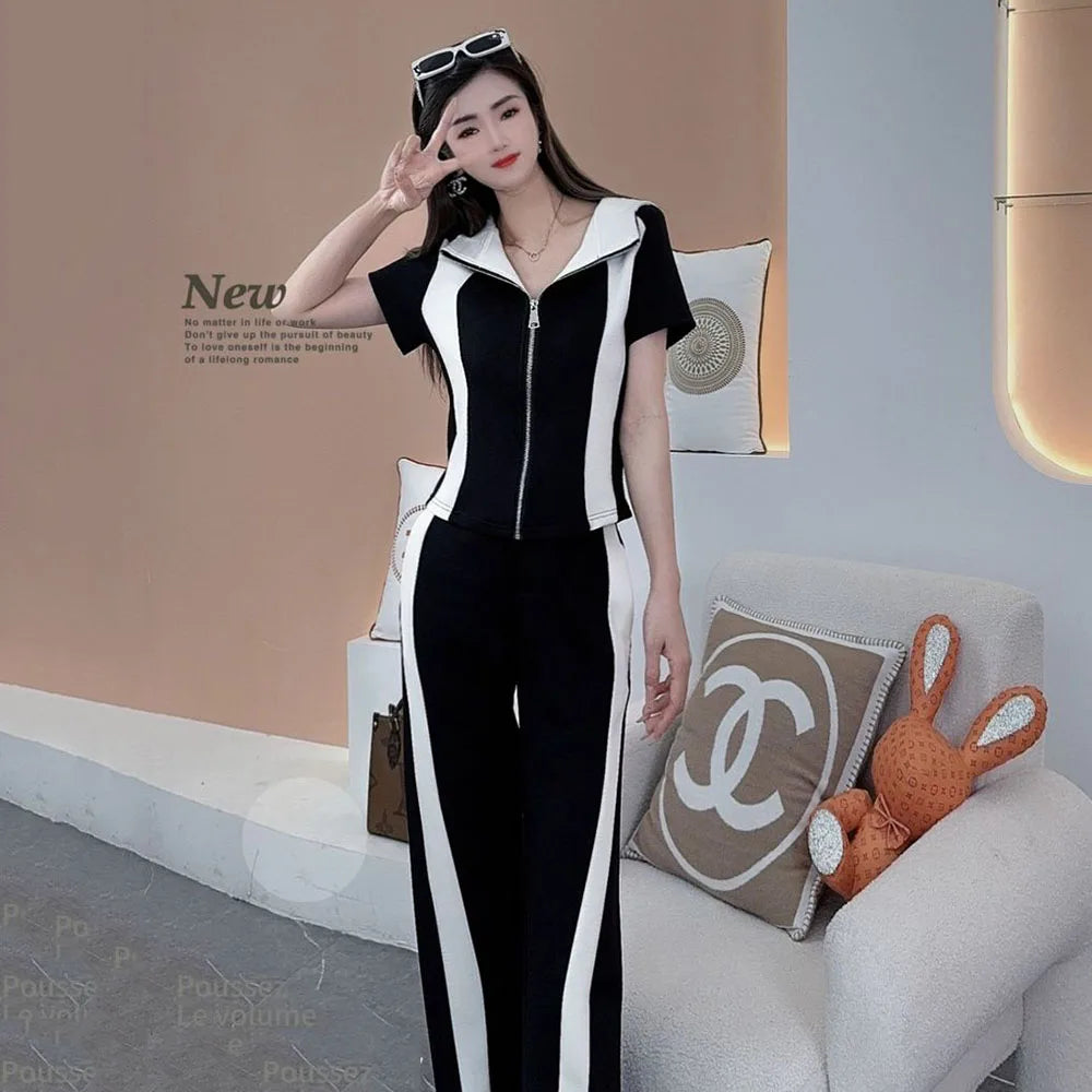 Maxy Casual Fashion Shortsleeved Suit Women's Summer New Age-reducing Westernstyle Sports Splicing Slimming Trend Two-Piece Suit