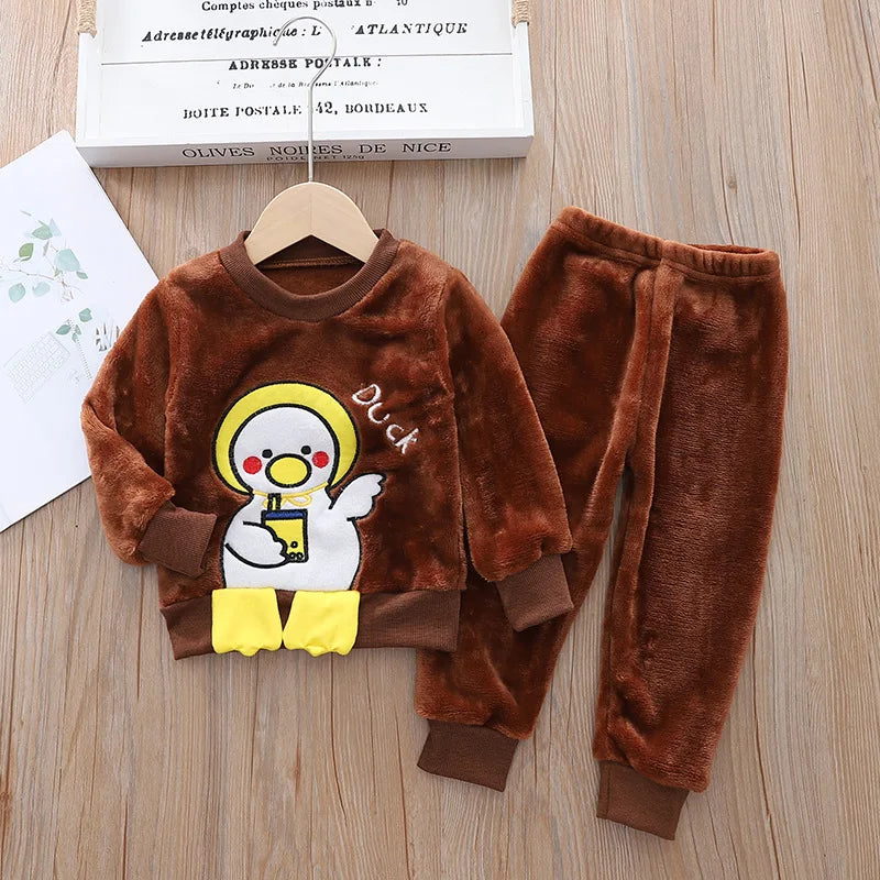 Babs Boy Clothing Set Autumn and Winter Velvet Thick Warm Casual Hooded Sweater Cartoon Cute Bear 3Pcs Toddler Girl Clothes Suit