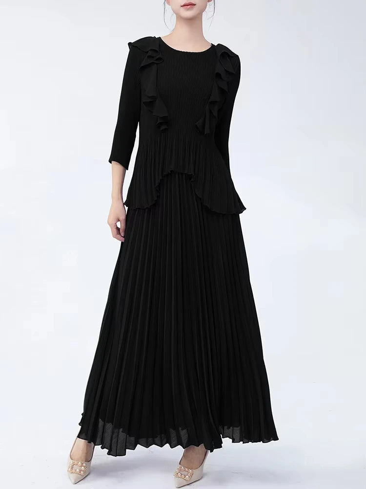 Maxy Pleated Two Pieces Sets Women Ruffles Irregular T Shirt + A Line Loose Skirt New Female Elegant Lady Clothing 6R4839