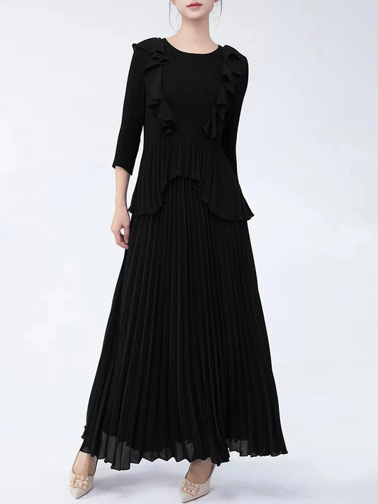 Maxy Pleated Two Pieces Sets Women Ruffles Irregular T Shirt + A Line Loose Skirt New Female Elegant Lady Clothing 6R4839