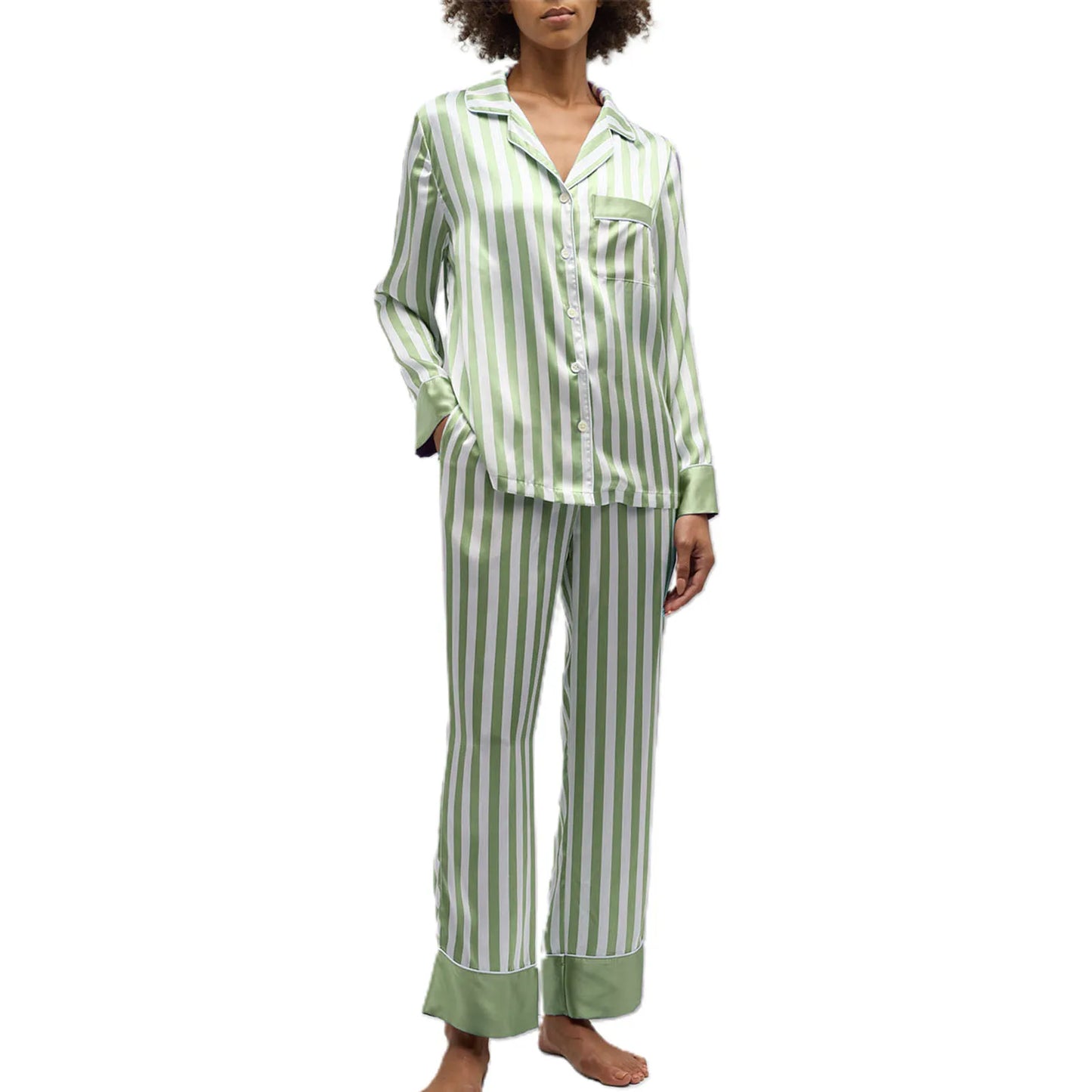 Women Striped Pajama Set Elegant Long Sleeve Top with Pants Sleepwear Loungewear