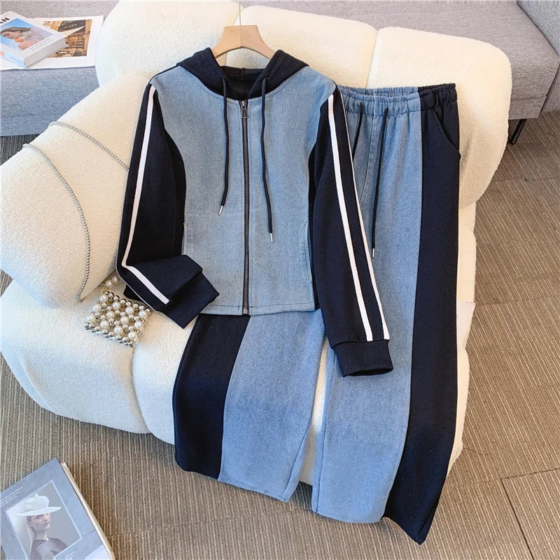 Women Denim 2 Pieces Set Long Sleeve Pullover Jacket High Waist Wide Leg Jeans Suit 2024 Spring Casual Loose Lady Outfit Sets