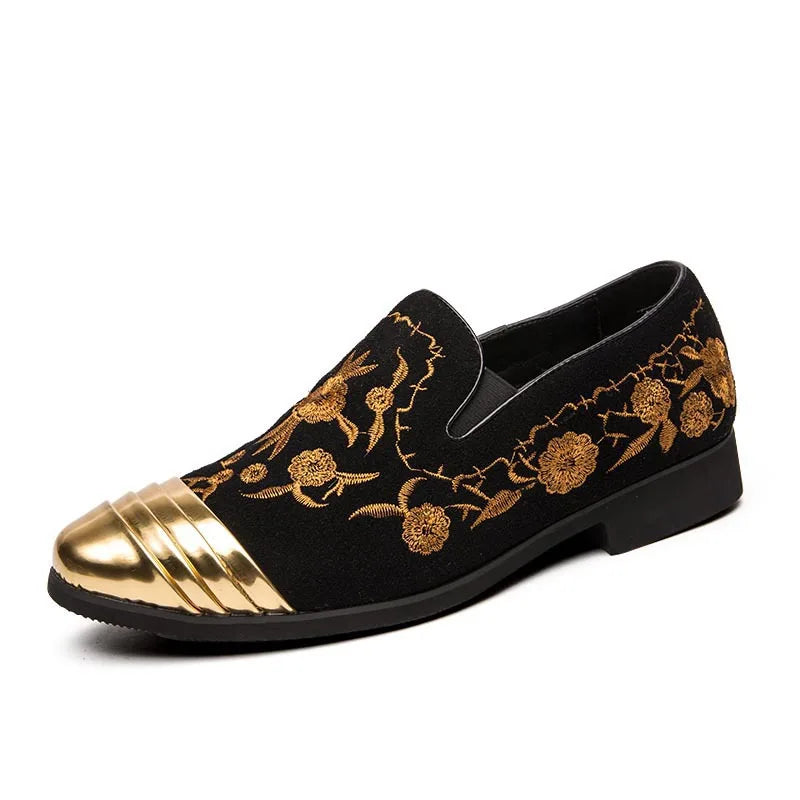 Amay New Fashion Gold Top and Metal Toe Men Velvet Dress shoes italian mens dress shoes Handmade Loafers Party Flats Zapatos