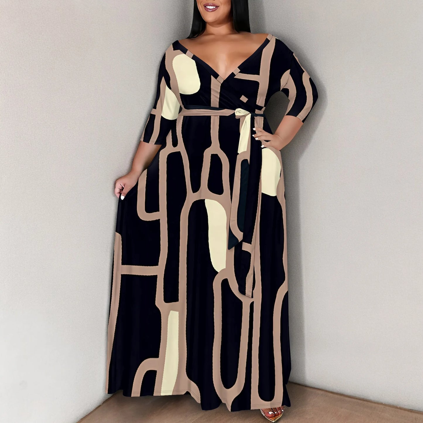Maxy Plus Size for Women Summer Casual Floral Printing V Neck 3/4 Sleeve Maxy Floor Dress Lace Up Beach Sundress