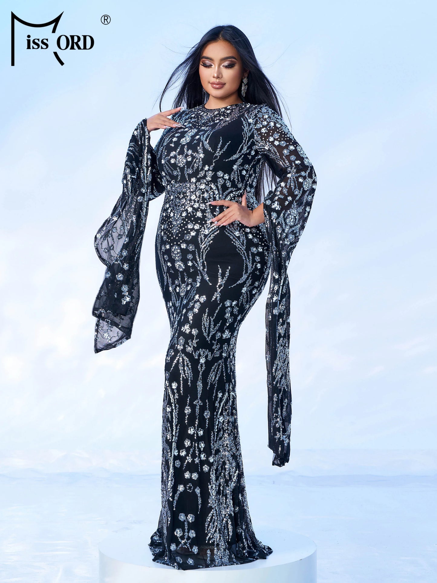 Maxy New Plus Size Church Muslim Dress Round Neck Sequin Extended Sleeve Evening Gown Formal Occasion Cocktail Ball Dresses
