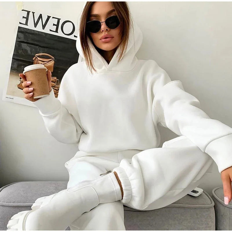 Maxy Pullover Hooded Tracksuit Women Two Pieces Pant Sets Sweatshirts Pockets Pants Suit Thick Elastic Waist Spliced Sporty Autumn