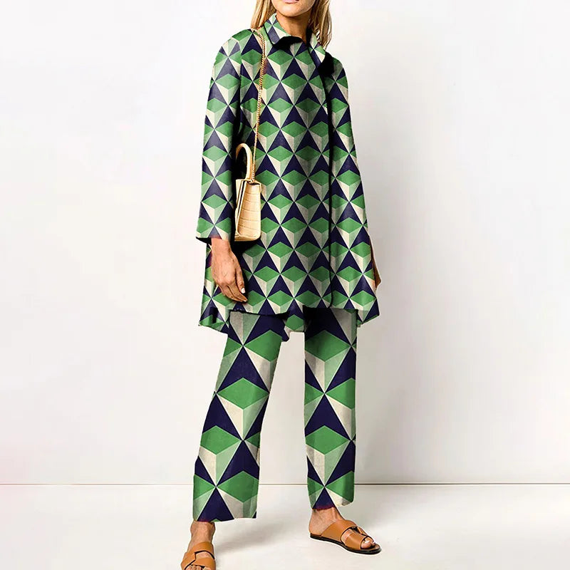 Maxy Autumn New Loose Vintage Printed Pant Sets Women Long Sleeve Shirts And Wide Legs Trousers Two Piece Set Fashion Streetwear