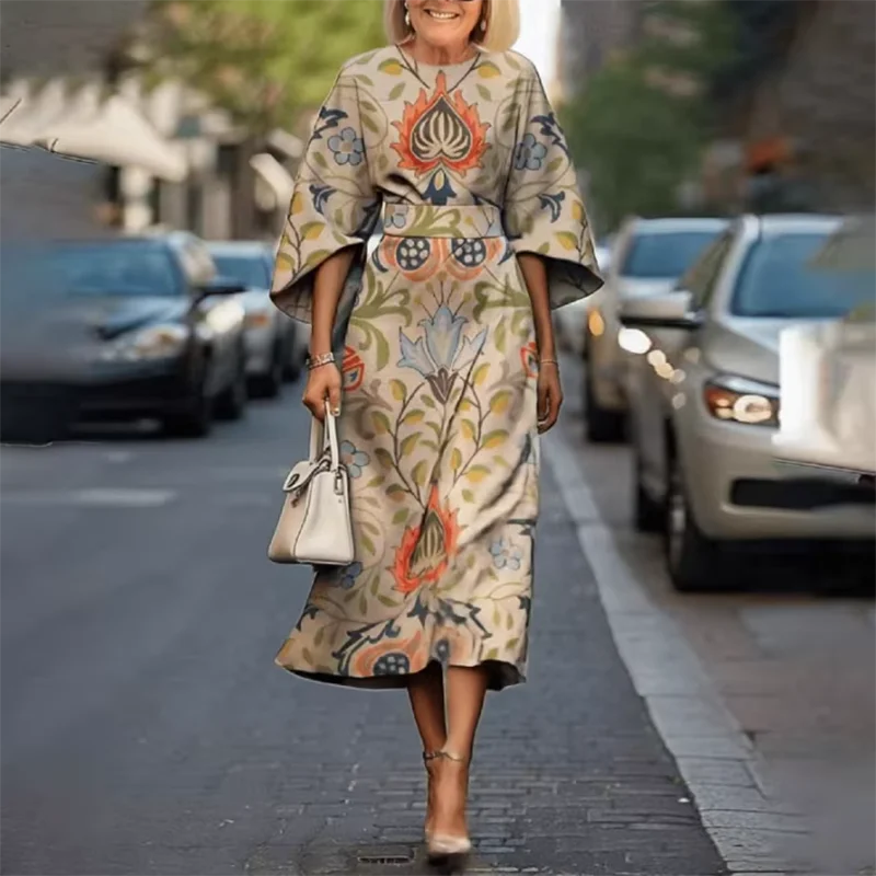 Maxy Bohemian Fashion Sheath Half Sleeve Dress Summer High Waist Pattern Print Vintage Dress Elegant Casual O Neck Evening Dress