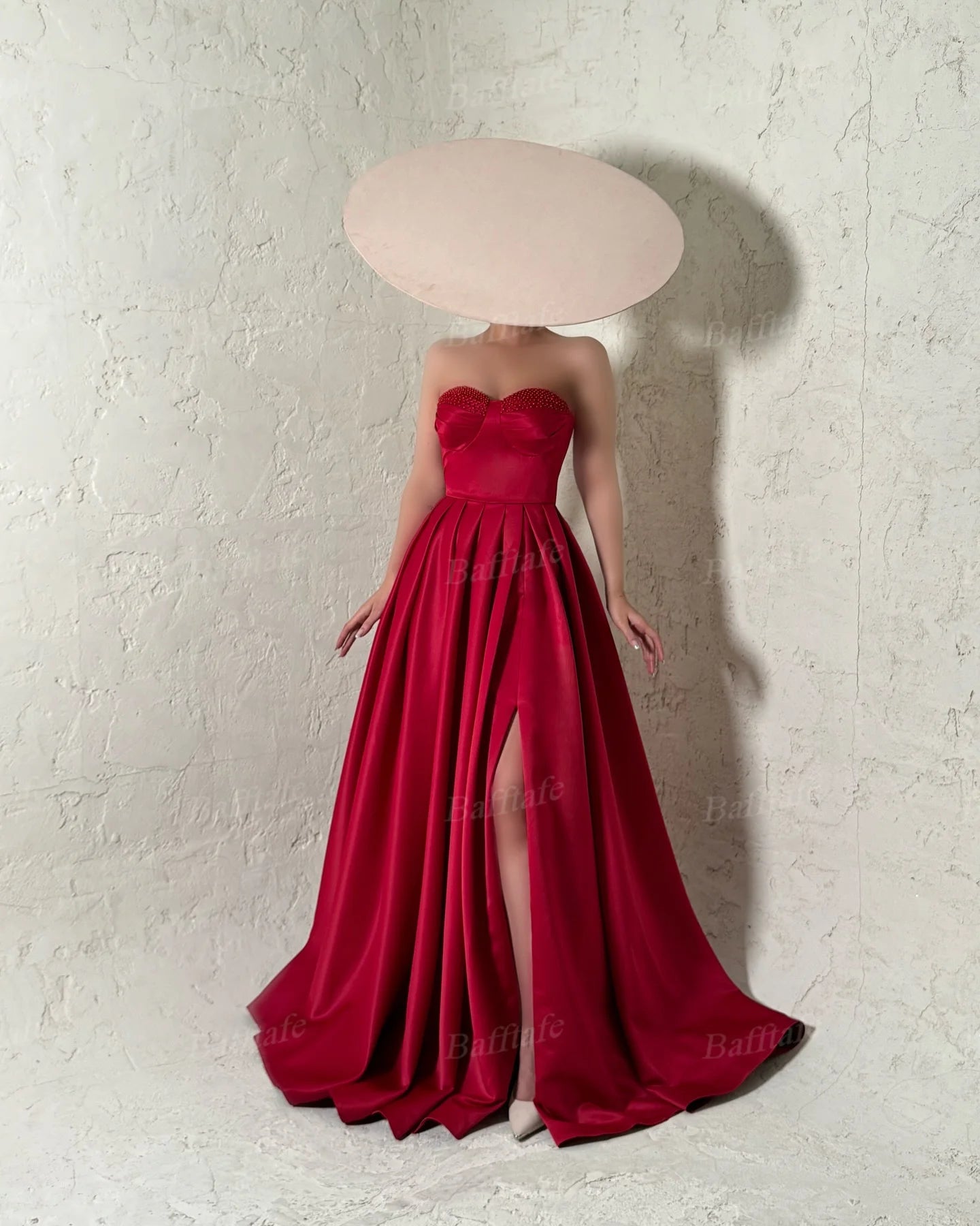 Bafftafe A Line Satin Evening Dresses Customized Pearls Sweetheart Women Formal Party Prom Dress Slit Corset Bridesmaid Gowns