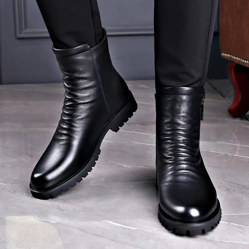 Visco High Quality Men's High Top Boots Genuine Leather Boots Business Boot Fashion Casual Dress Boot Plush Warm Winter Boots for Men