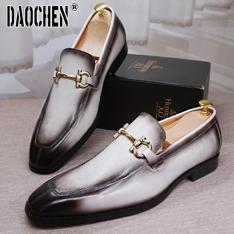 Maxy Luxury Men Leather Shoes Black White Horsebit Loafers Slip on Formal Men Dress Shoes Wedding Office Casual Shoes For Men