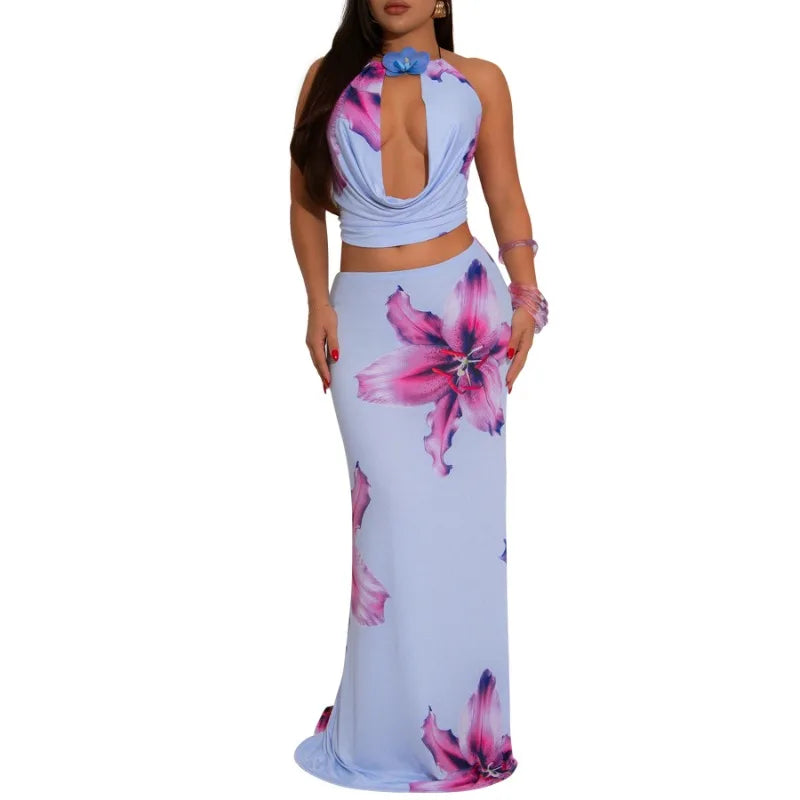 Maxy Floral Printed Street Women's Set U-Neck Crop Tops and Bodycon Long Skirts Suit Summer Birthday Holiday Two 2 Piece Set