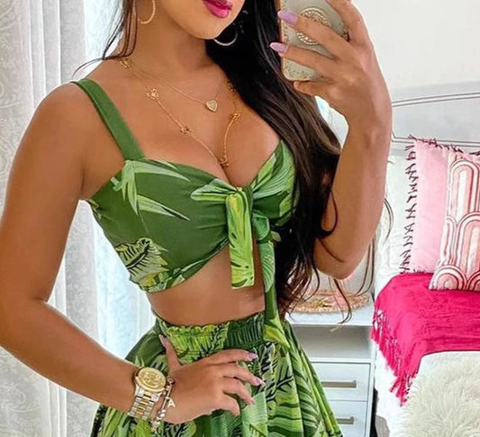 Maxy Women Two-piece Set Floral Flower Print Tank Top & High Waist Mini Skirt Sexy Summer Clothes