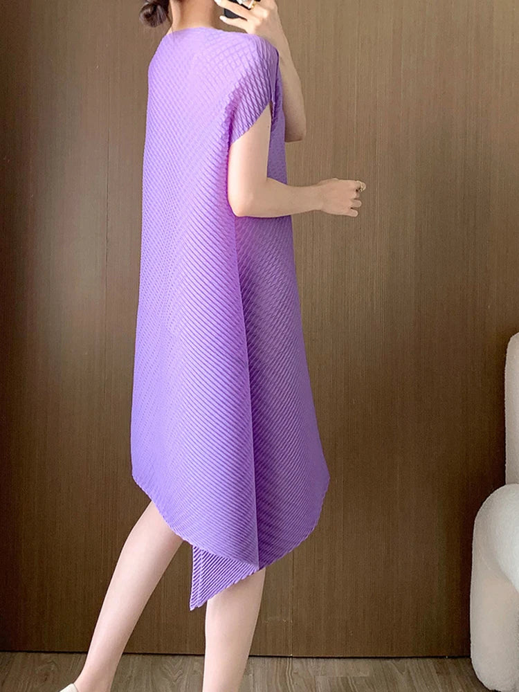 Maxy Irregular Pleated Dress Women O-neck Casual Solid Color Short Sleeves Mini Dresses Summer New Clothing 2AA5318