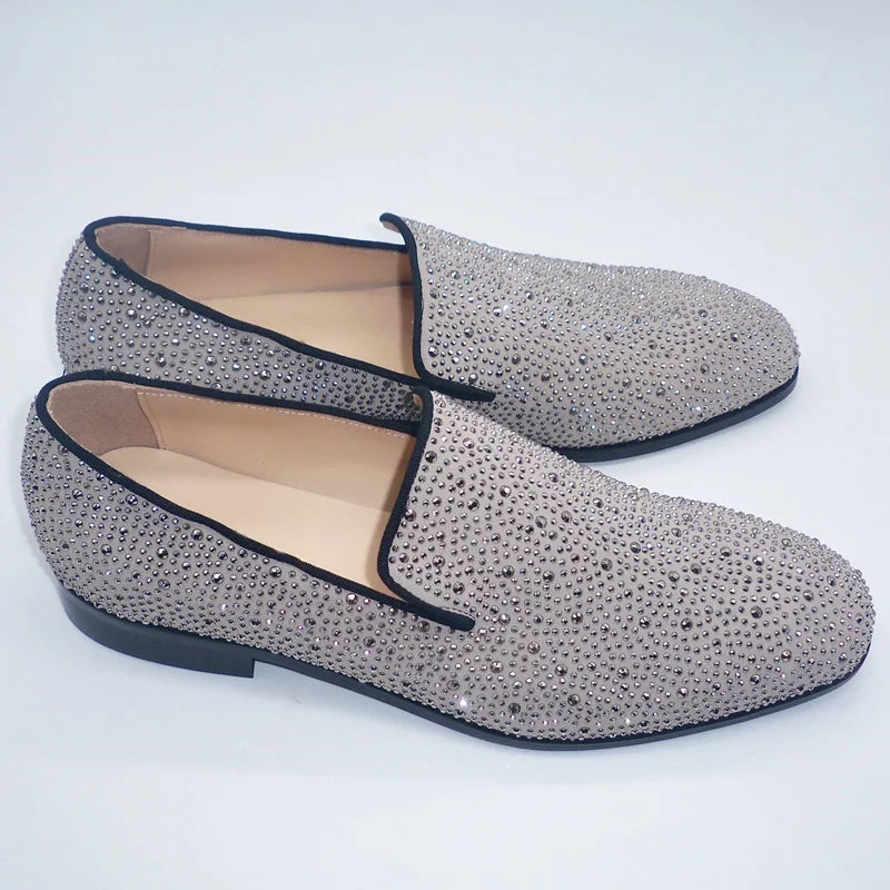 Visco Silver Rhinestone Loafers For Men Luxury Fashion Mens Leather Dress Shoes Handmade Slip On Casual Shoes