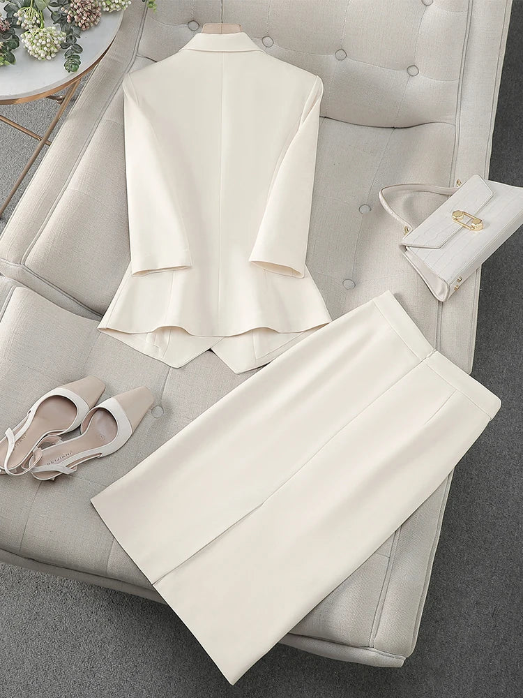 Maxy Fashion Women Formal Blazer Skirt Suit Ladies Blue Apricot Pink Female Two Piece Set For Spring Summer