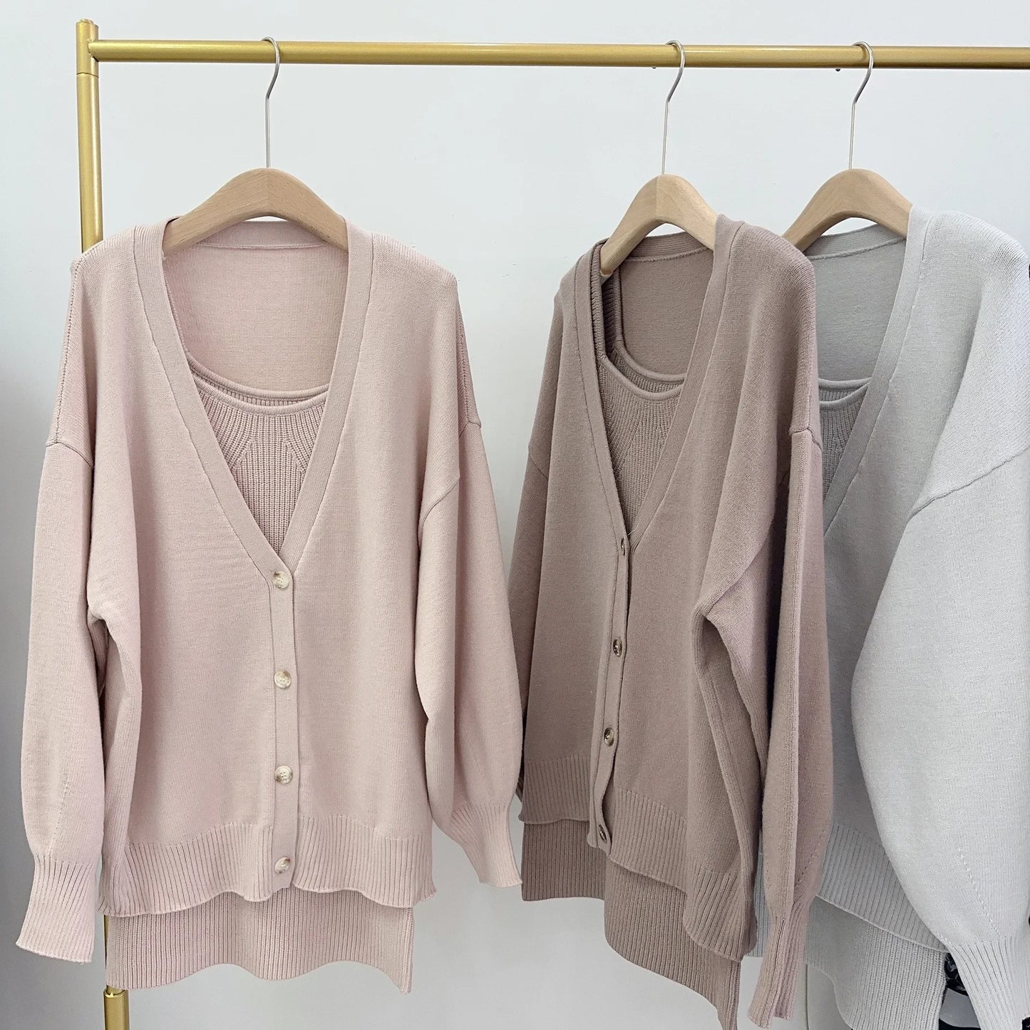 Maxy New Slim Fit Knit Elegant Sets Dress+v Neck Single Breasted Lantern Sleeve Cardigan Japan Spring Casual Suits Robe