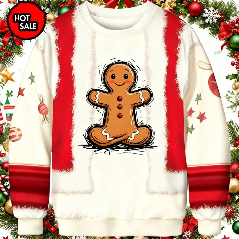 Maxy New 3D Printing Gingerbread Man Happy New Year Round Neck Hoodie Pullover Fashion Ugly Christmas Sweater Sweatshirt Men Tops