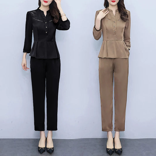Amay New Spring Autumn Pants Sets For Women 2 Pieces Fashion Elegant Oversize Stand Collar Folds Hem Slim Female Suits