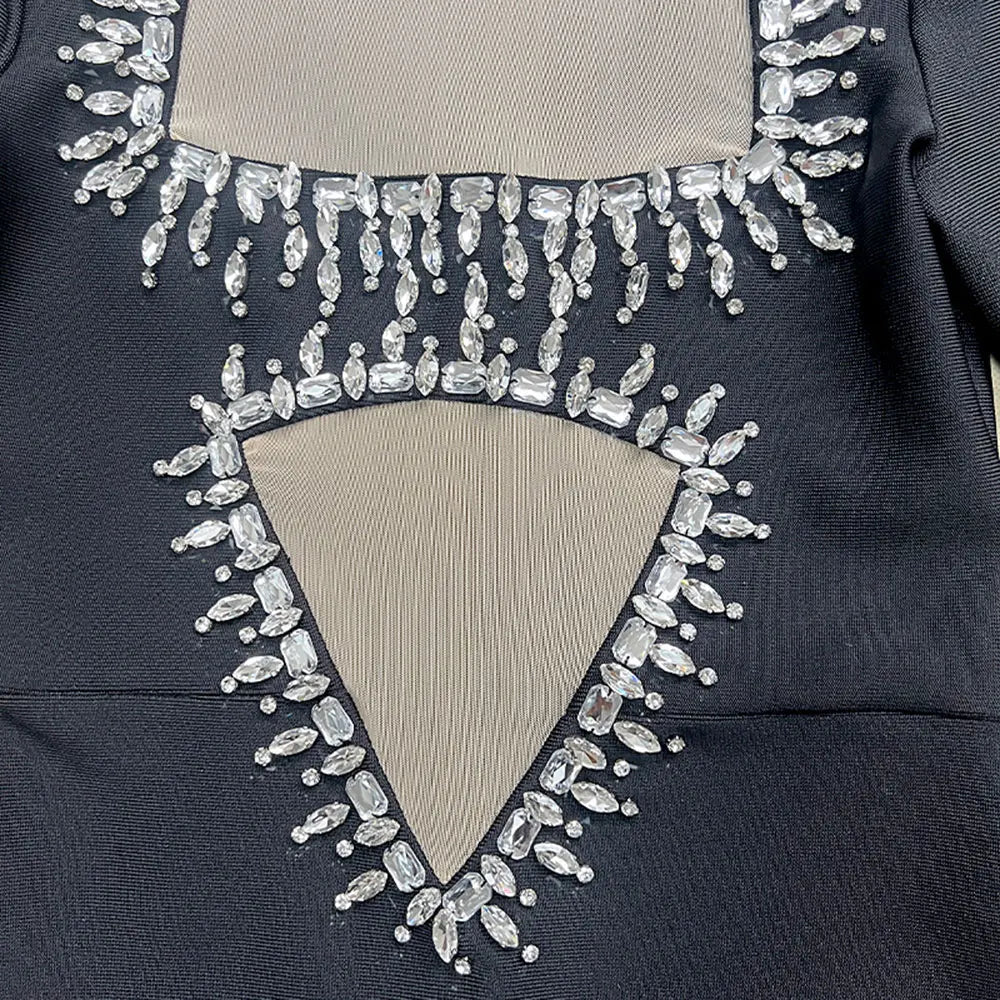 Amay Autumn Women Light Luxury Nail Bead Rhinestone Bandage Dress With Stand Up Collar Long Sleeved Hollow Bodycon Long Dress