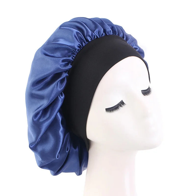 Maxy Women's Satin Solid Bonnets Wide-brimmed Night Sleeping Bathing Hat Unisex Head Wrap Elastic Band Cap Hair Care Bonnet